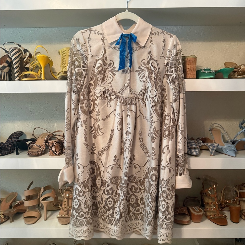 Anna Sui for Target Cream and Taupe Long-Sleeve Collared Dress